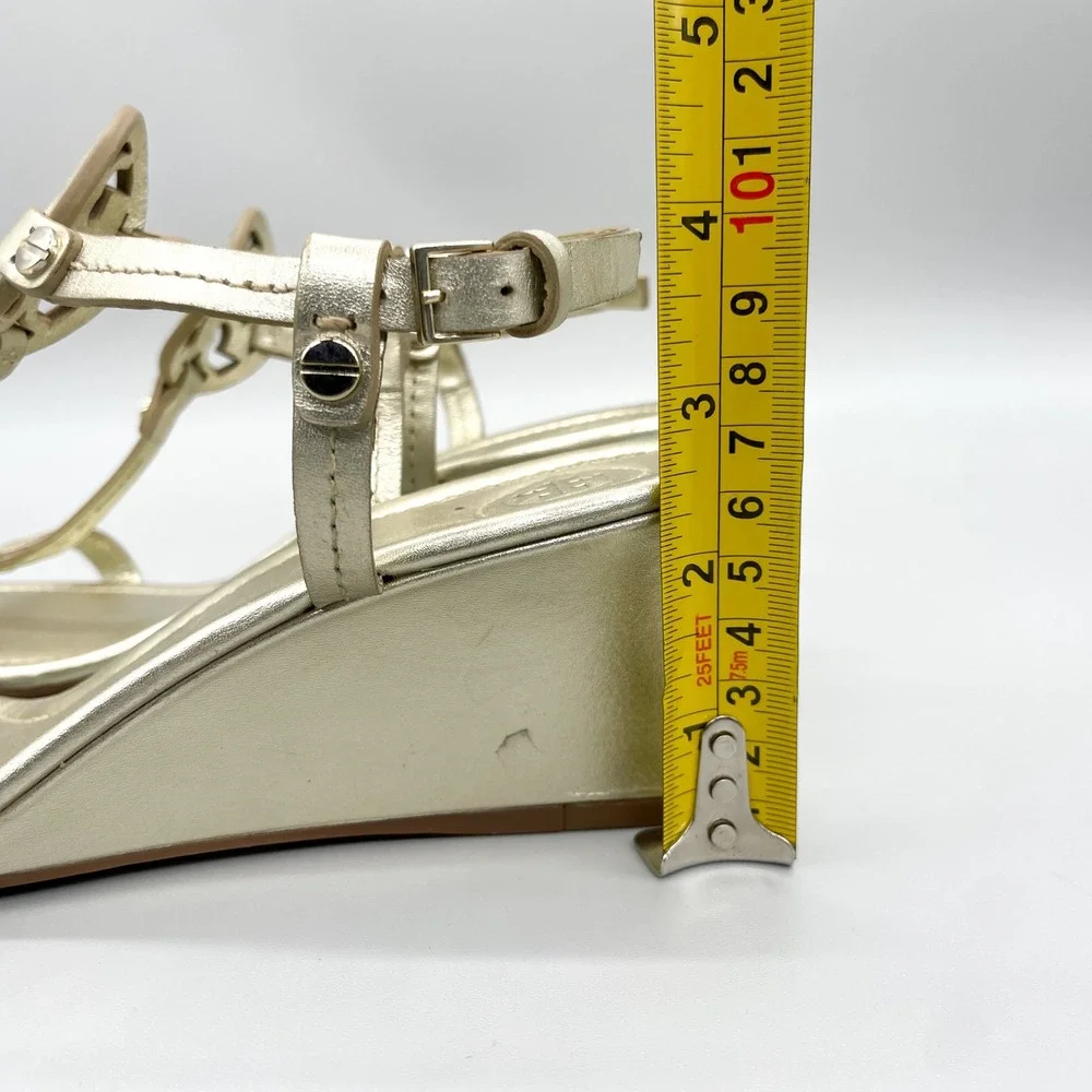 Tory Burch Miller T Strap Wedge Sandals Womens 7M Metallic Gold Leather Logo